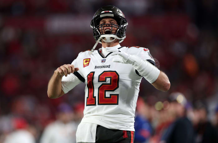 Jan 16, 2023; Tampa, Florida, USA; Tampa Bay Buccaneers quarterback Tom Brady (12) reacts before the wild card game against the Dallas Cowboys at Raymond James Stadium.